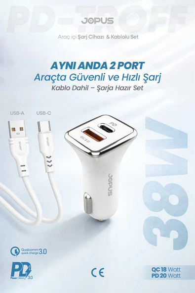Jopus Type-C Kablolu Araç Şarj Aleti Çakmaklık Seti - Type-C + USB Girişli 38W JO-A7 ürün görseli 1