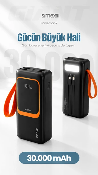 30.000 mAh 22.5W Hızlı Şarj Kablolu PD Powerbank Led Fener ve Dijital Göstergeli Taşınabilir Cihazı ürün görseli 1