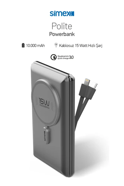 Hızlı Şarj Temassız MagSafe PowerBank 22,5W 10000mAh Dahili Kablolu Simex S-38 Polite ürün görseli 1