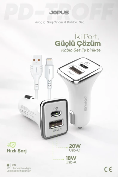 Jopus İphone Araç Şarj Aleti Çakmaklık Seti  Lightning   USB Girişli 38W JO A7 ürün görseli 1