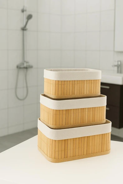 Dikdörtgen 3' lü Bambu Sepet Çok Amaçlı Dekoratif Düzenleyici Organizer Banyo Düzenleyici ürün görseli 1