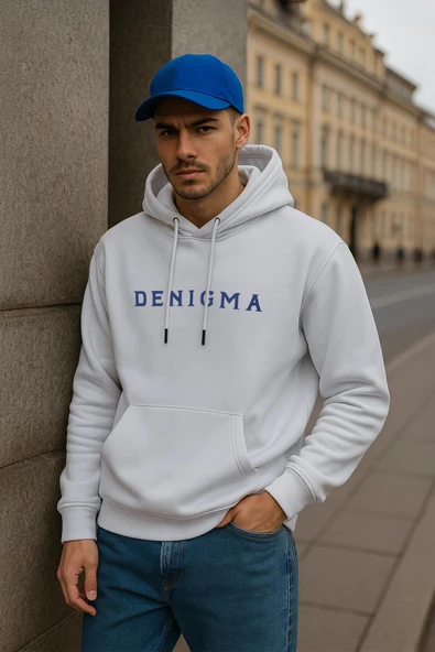 Erkek Kapüşonlu Cepli Yazı Baskılı Beyaz Sweatshirt ürün görseli 1