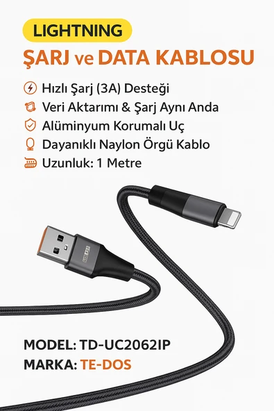 Lightning Hızlı Şarj ve Veri Aktarım Kablosu 3A Güçlü Akım Naylon Örgü Dayanıklı Tasarım iPhone Uyumlu 1 Metre ürün görseli 1