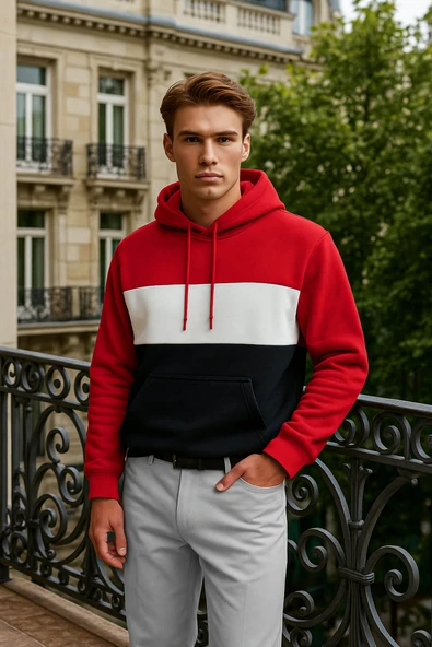 Erkek Kapüşonlu Cepli İçi Polarlı Parçalı Kırmızı Sweatshirt ürün görseli 1