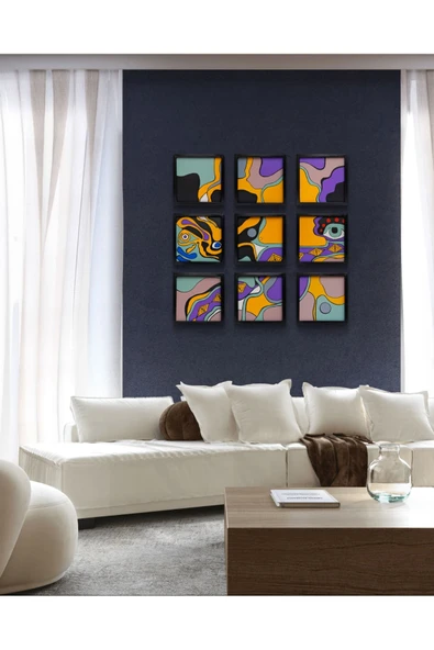 Feoly Art Modern Soyut 9`lu Tablo – El Boyaması – 22x22 Ev Dekorasyon Tablosu – MDF Üzeri Akrilik ürün görseli 1