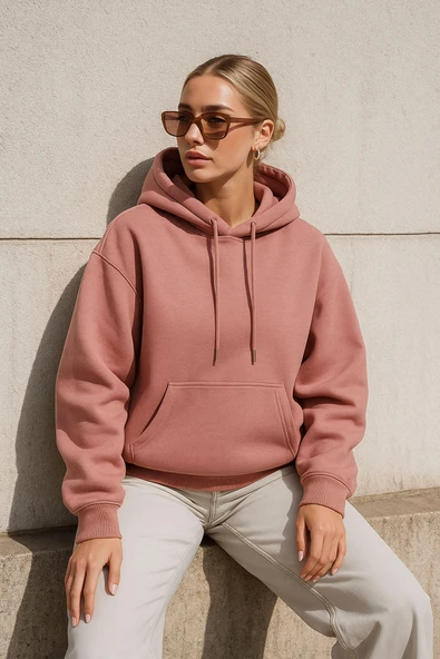Kadın Kapüşonlu Cepli Mercan Sweatshirt ürün görseli 1