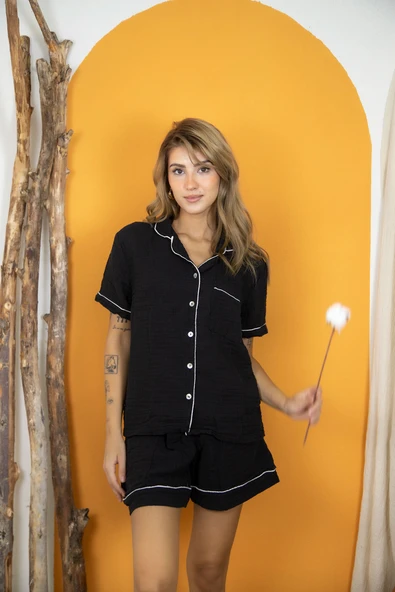 Varol %100 Pamuk Müslin Kadın Şortlu Pijama & Ev Giyim Takımı – Siyah ürün görseli 1