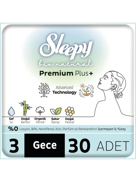 Sleepy Bio Natural Premium Plus Hijyenik Ped Mega Paket Gece 30 Adet ürün görseli 1