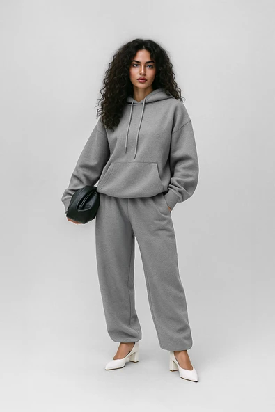 Kadın Kapüşonlu Cepli Gri Sweatshirt ürün görseli 1