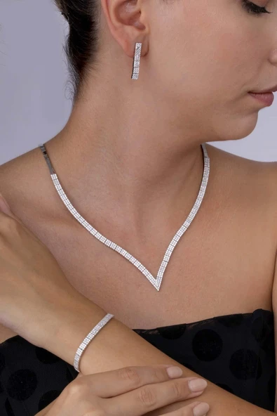 Gümüş Pazarım V Pırlanta Model Su Yolu Süzme 925 Ayar Gümüş Düğün Seti ürün görseli 1