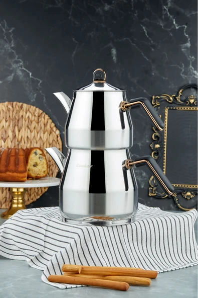 Cooker Everest 18/10 Paslanmaz Çelik JumBo Boy Çaydanlık 2 L Demlik 3,25 L Alt Hazne ürün görseli 1