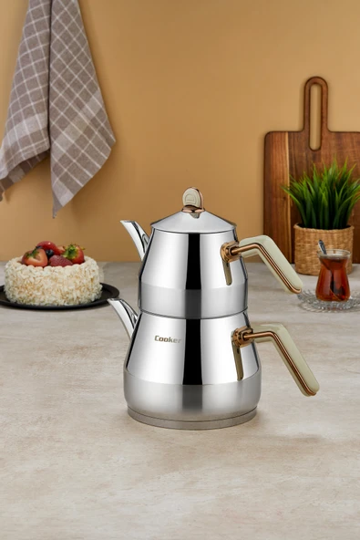 Cooker Everest 18/10 Paslanmaz Çelik Aile Boy Çaydanlık 1,40 L Demlik 2,75 L Alt Hazne ürün görseli 1