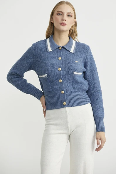 Polo Yaka Düğmeli Triko Hırka - Indigo - Resim 4