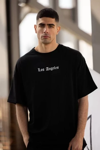 Unisex Bisiklet Yaka Baskılı Oversize T-Shirt - Siyah ürün görseli 1