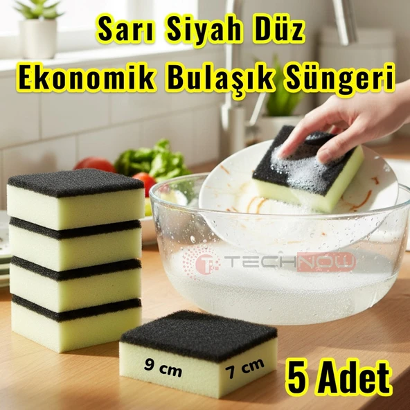 Technow Klasir Ekonomik 9 x 7 cm Sarı Siyah Düz Bulaşık Süngeri ürün görseli 1