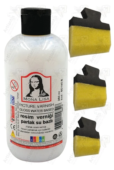 Resim Verniği 250 ml Su Bazlı 1 Adet ve Yassı Patpat Sünger Fırça Seti 3 lü 1 Paket Resim Parlatıcı Vernik Hobi Sanat ürün görseli 1