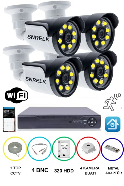 SNRELK  HAMA GÜVENLİK KAMERASI 4'LÜ 5MP LENS WARM LEDLİ GECE RENKLİ AHD 320 GB SU GEÇİRMEZ ürün görseli 1