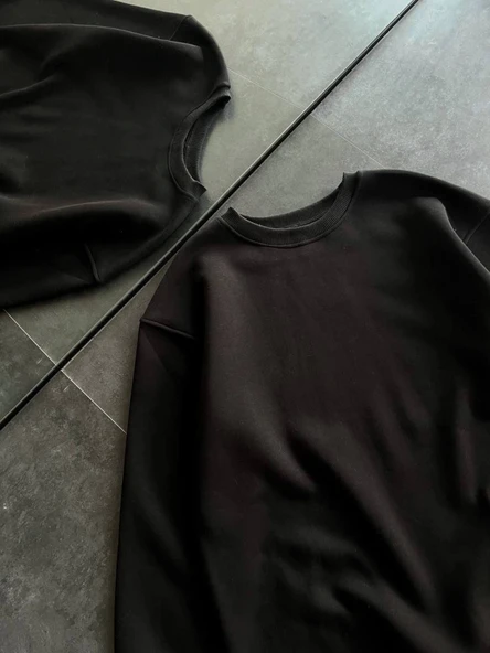 Kışlık Bisiklet Yaka Üç İplik Basic SweatShirt - Siyah - Resim 3