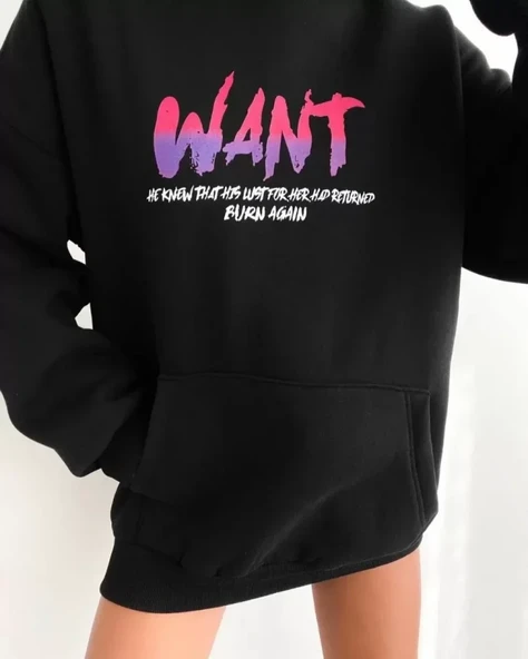 Baskılı Üç İplik Kapüşonlu Oversize Sweatshirt - Siyah ürün görseli 1