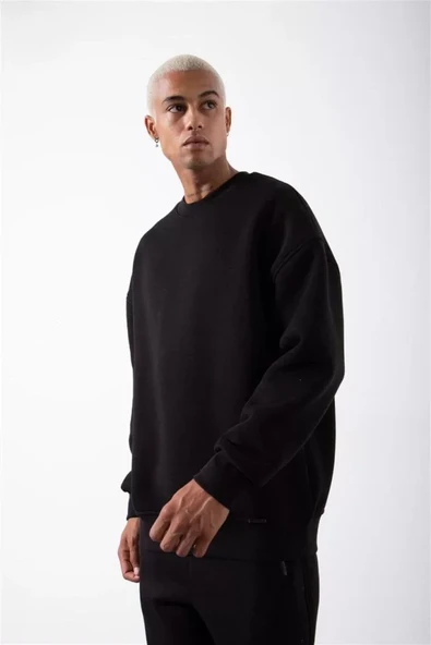 Unisex Biskilet Yaka Üç İplik SweatShirt - Siyah ürün görseli 1