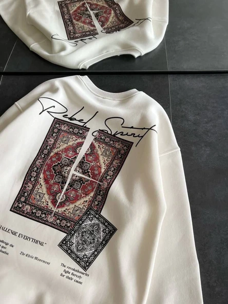 Bisiklet Yaka Baskılı SweatShirt - Beyaz - Resim 3