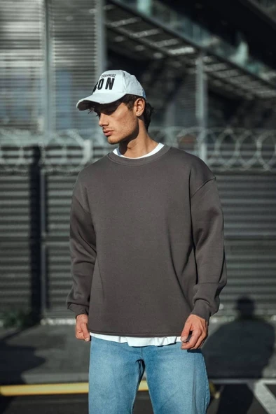 Kışlık Bisiklet Yaka Üç İplik Basic SweatShirt - Antrasit - Resim 3