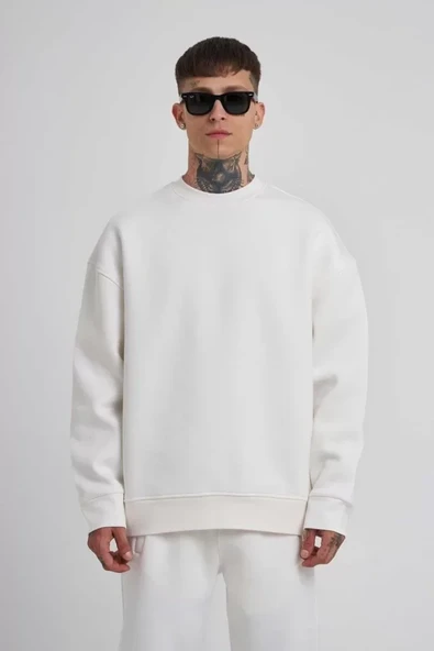 Unisex Biskilet Yaka Üç İplik SweatShirt - Beyaz ürün görseli 1