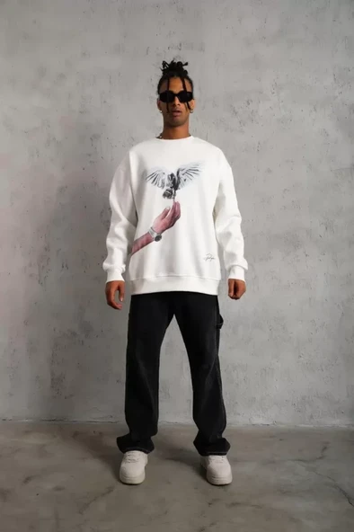 Erkek Güvercin Baskılı Sweatshirt - Beyaz - Resim 3