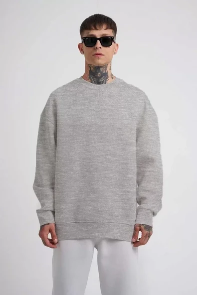 Unisex Biskilet Yaka Üç İplik SweatShirt - Gri ürün görseli 1