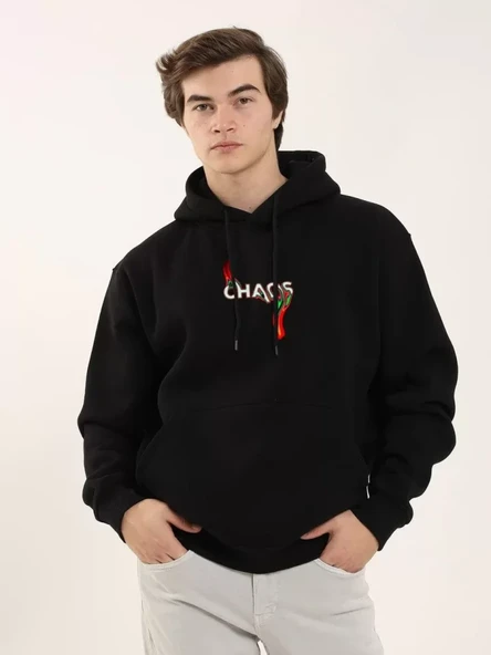 Unisex Baskılı Oversize Üç İplik Kapüşonlu Sweatshirt - Siyah ürün görseli 1