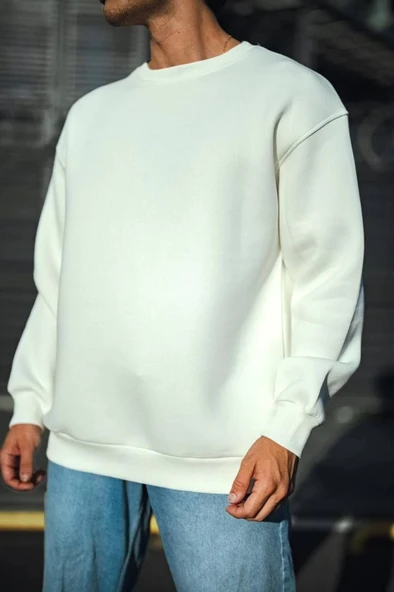 Kışlık Bisiklet Yaka Üç İplik Basic SweatShirt - Beyaz ürün görseli 1