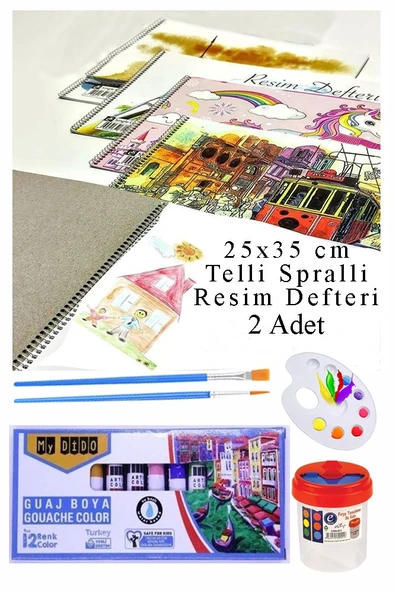 12 Renk Guaj Boya Mydido 25x35 cm Telli Spralli Resim Defteri Palet Resim Fırçası 15 Yaprak Guajboya Resim Defteri ürün görseli 1