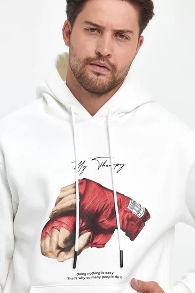 Unisex Kapüşonlu Üç İplik Oversize Baskılı Sweatshirt - Beyaz ürün görseli 1