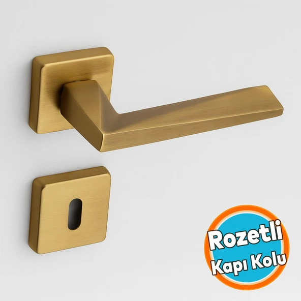 Oda Kapı Kolu Kare Rozetli Antik Sarı Sürgülü ve Çelik Kapı Kulpu Uyumlu Sağ Sol Uygun Kolları ürün görseli 1