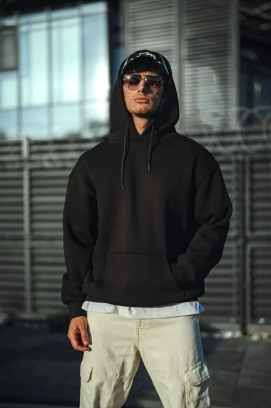 Üç İplik Penye Kapşonlu Basic SweatShirt - Siyah ürün görseli 1