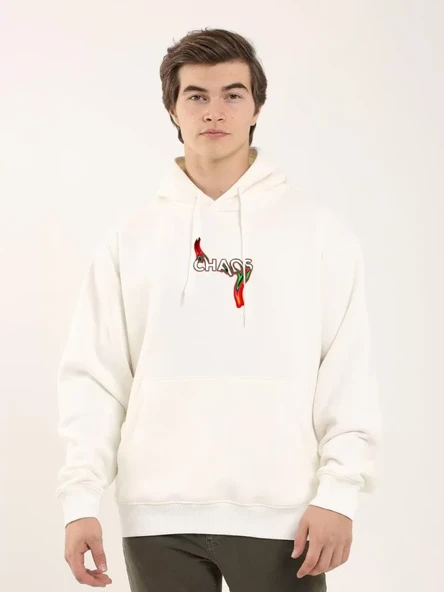 Unisex Baskılı Oversize Üç İplik Kapüşonlu Sweatshirt - Beyaz ürün görseli 1
