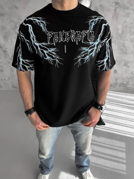 Unisex Bisiklet Yaka Baskılı Oversize T-Shirt - Siyah ürün görseli 1
