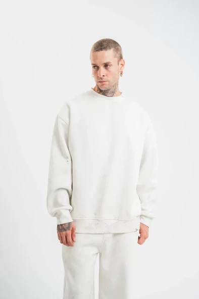Unisex Uzun Kol Bisiklet Yaka Yıkamalı SweatShirt - Beyaz ürün görseli 1
