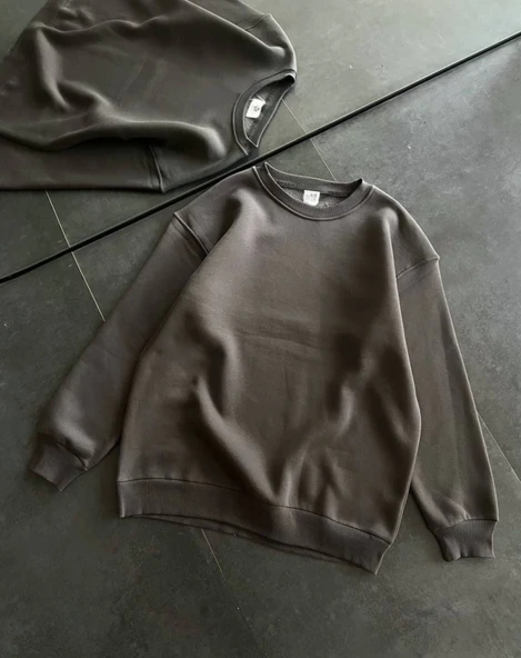 Kışlık Bisiklet Yaka Üç İplik Basic SweatShirt - Füme ürün görseli 1