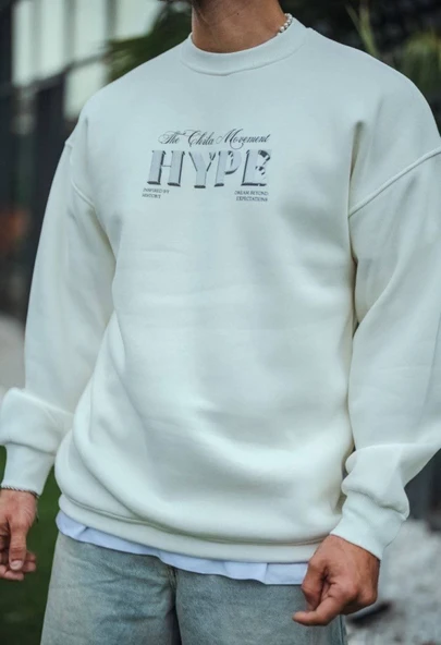 Üç İplik Bisiklet Yaka Baskılı SweatShirt - Beyaz ürün görseli 1