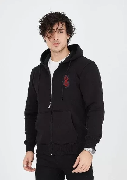 Unisex Baskılı Tam Fermuarlı Kapşonlu SweatShirt - Siyah ürün görseli 1