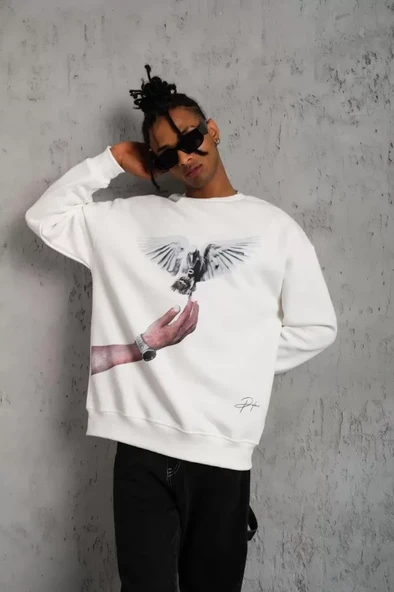 Erkek Güvercin Baskılı Sweatshirt - Beyaz - Resim 4
