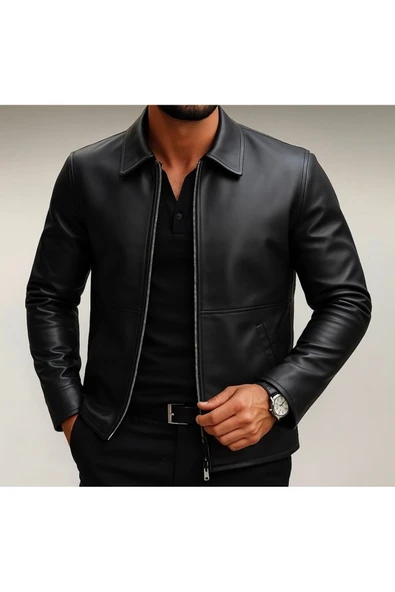 Premium Slim Fit Fermuarlı Basic Deri Ceket ürün görseli 1