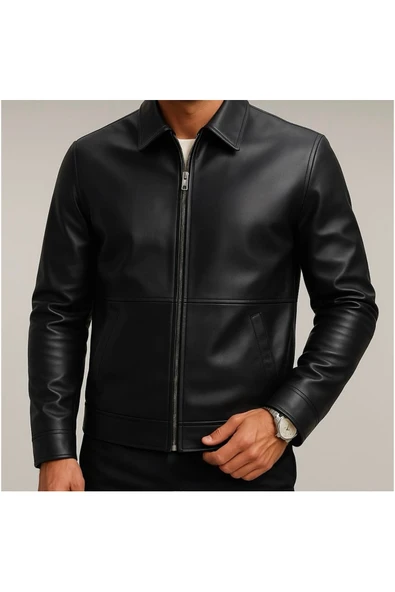 Premium Slim Fit Fermuarlı Basic Deri Ceket - Resim 2