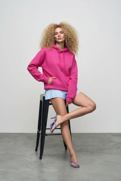 Kadın Kapüşonlu Cepli Fuşya Polar Sweatshirt ürün görseli 1