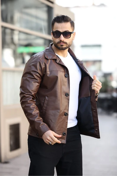 Yeni Sezon Erkek Baharlık Düğmeli İtalyan Kesim  Deri Ceket ürün görseli 1