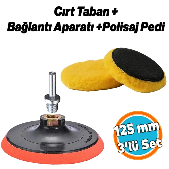 (3'lü Set) Sarı Renk Orta Sert Koyun Kuzu Postu Pedi Ø 125 mm Pasta Cila Polisaj Cırt Taban + M14 ürün görseli 1