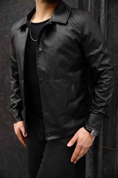 Basic Slim Fit Çıt Çıtlı Deri Ceket - Sade ve Şık Tasarım - Resim 3