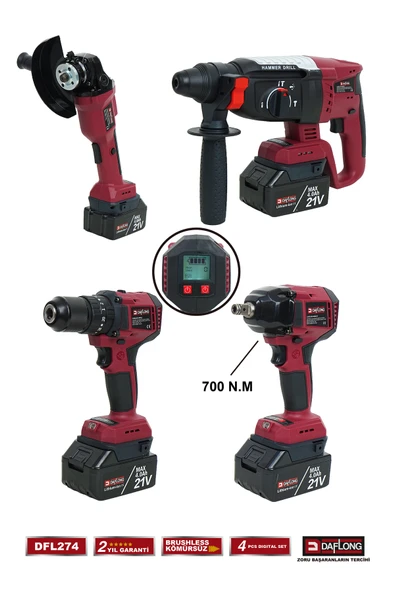 DAFLONG PRO DİJİTAL EKRANLI 4'LÜ DİJİTAL SET 700NM DİJİTAL TORK+DİJİTAL SPİRAL+DİJİTAL MATKAP+D.HİLTİ DFL274 ürün görseli 1
