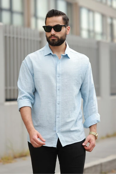 Oversize Keten Karışımlı Basic Salaş Gömlek - Resim 8